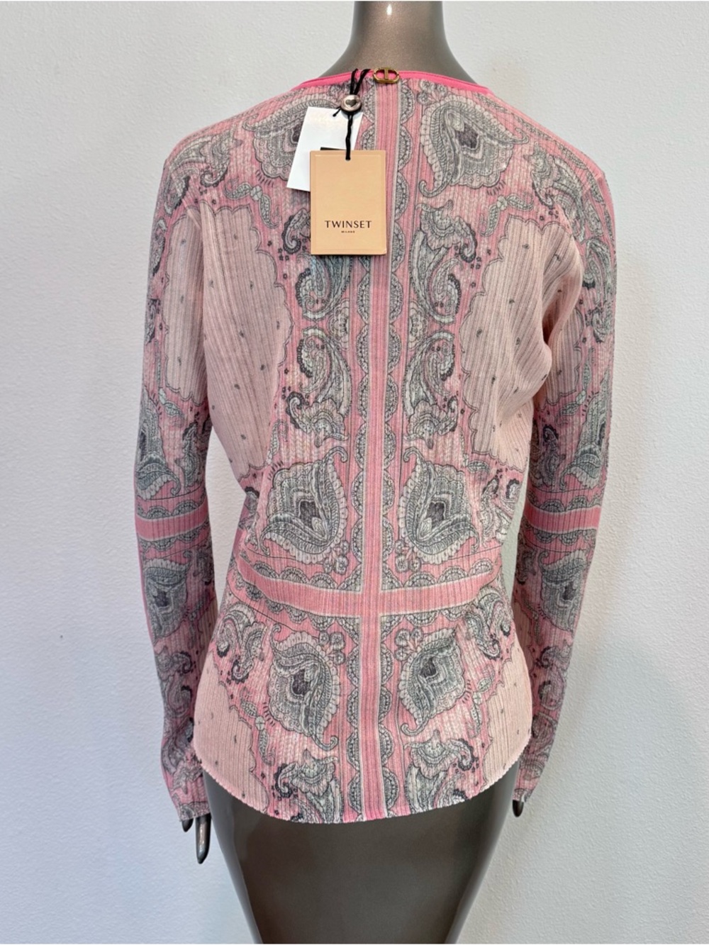 Twinset Milano XL Pink Paisley Ribbed Knit Stretch Top NWT Italy - Picture 5 of 16